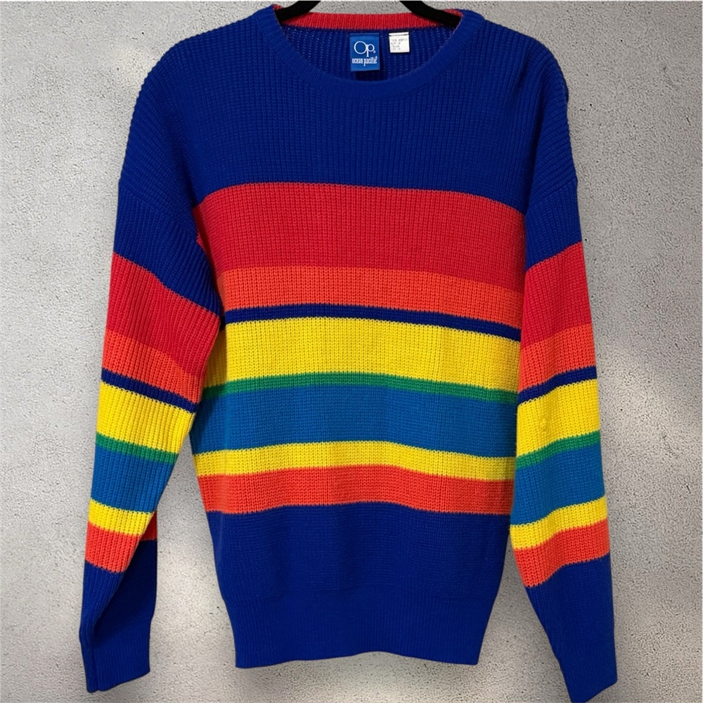 Vintage OP Ocean Pacific 70s 80s Rainbow Striped Crewneck Knitted Sweater Surf M